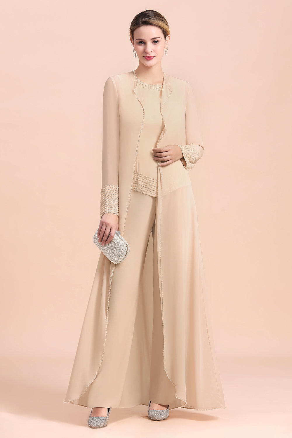 Champagne Long Sleeve Mother Of The Bride Dress Chiffon Jumpsuit Yesbabyonline