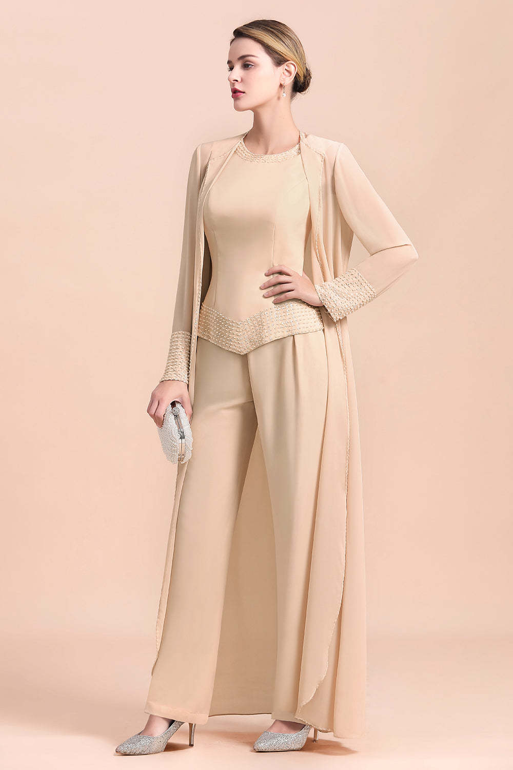 Champagne Long Sleeve Mother Of The Bride Dress Chiffon Jumpsuit Yesbabyonline