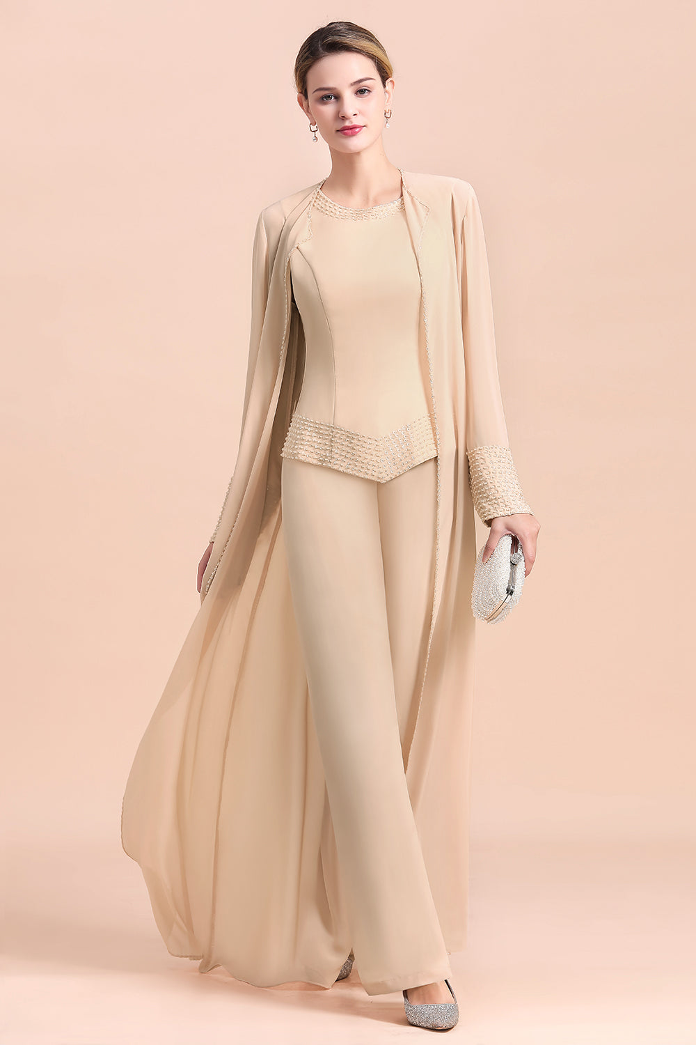Champagne Long Sleeve Mother Of The Bride Dress Chiffon Jumpsuit Yesbabyonline