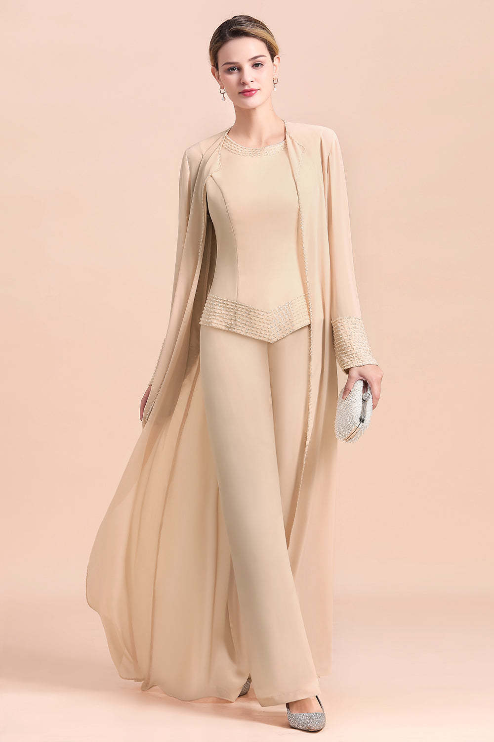 Champagne Long Sleeve Mother Of The Bride Dress Chiffon Jumpsuit Yesbabyonline