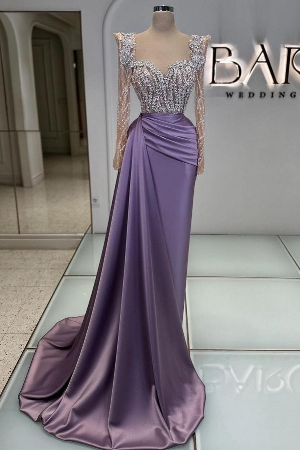 Long Sweetheart Satin Beads Mermaid Formal Prom Dresses with Sleeves - YESBABYONLINE