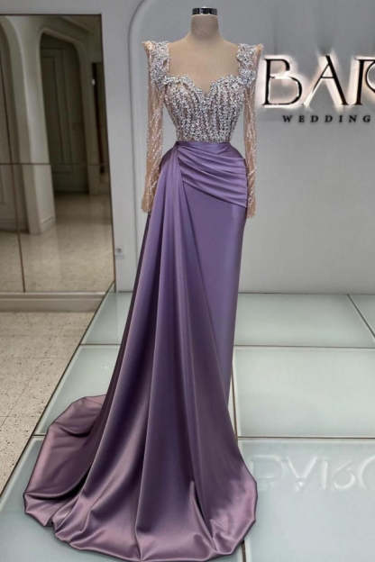 Long Sweetheart Satin Beads Mermaid Formal Prom Dresses with Sleeves - YESBABYONLINE