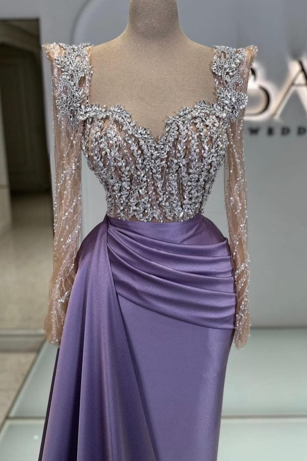 Long Sweetheart Satin Beads Mermaid Formal Prom Dresses with Sleeves - YESBABYONLINE