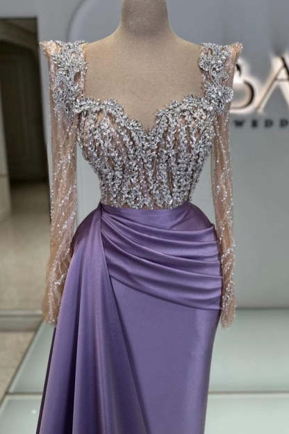 Long Sweetheart Satin Beads Mermaid Formal Prom Dresses with Sleeves - YESBABYONLINE