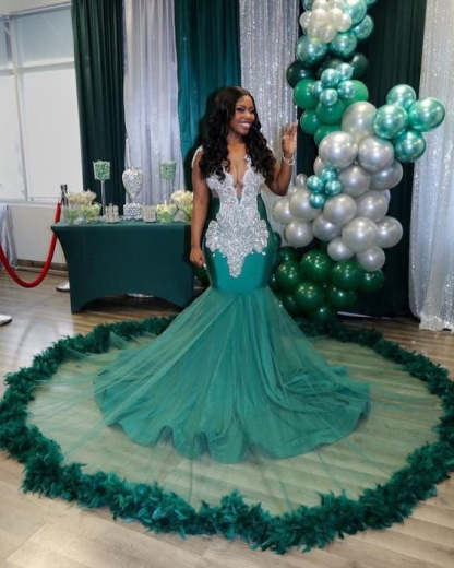 Charming Long Mermaid V neck Sleeveless Tulle Beading Prom Dress - YESBABYONLINE