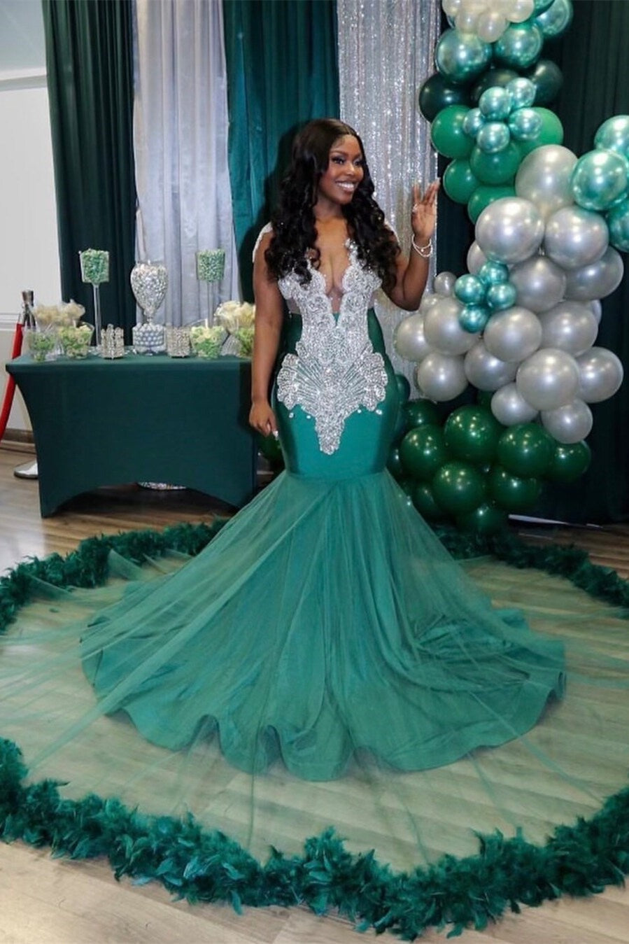 Charming Long Mermaid V neck Sleeveless Tulle Beading Prom Dress - YESBABYONLINE