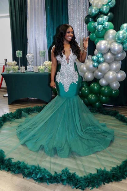 Charming Long Mermaid V neck Sleeveless Tulle Beading Prom Dress - YESBABYONLINE