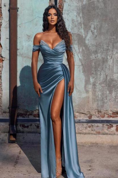 Chic Off-the-shoulder Split Front Deep V-neck Sequins Ruffles Prom Dress