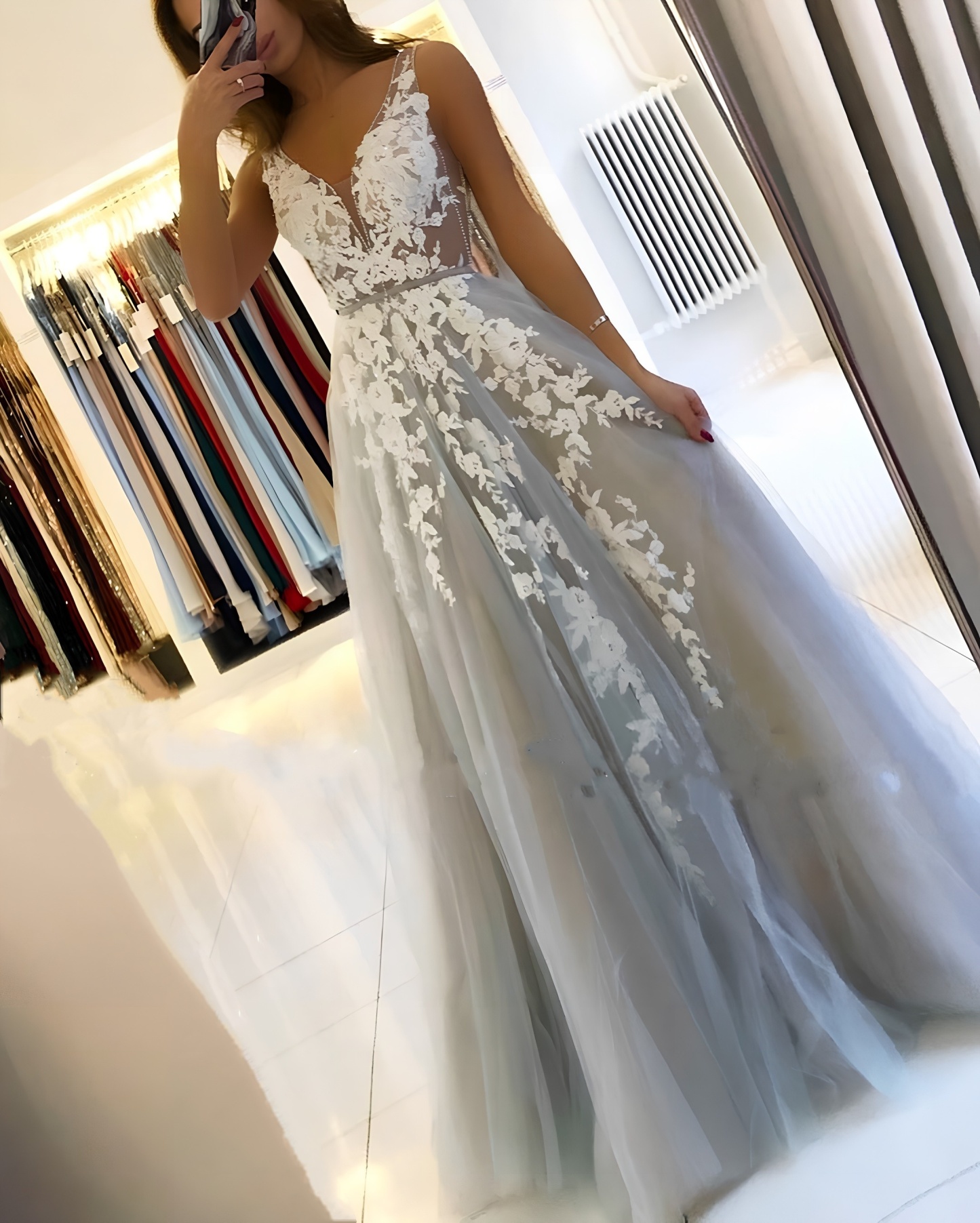 Classy Long V-neck Appliques Lace Tulle A-line Floor-length Prom Dress