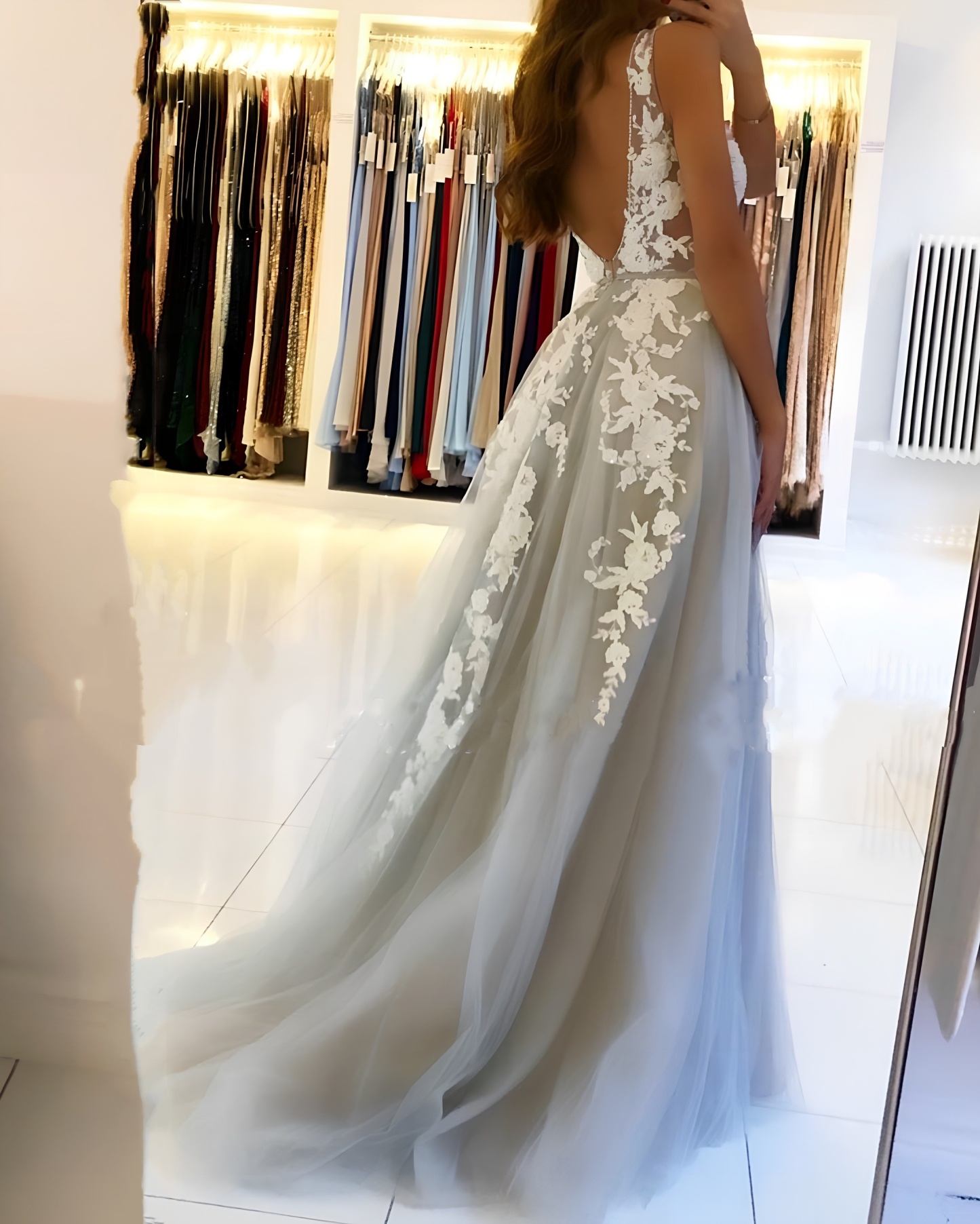 Classy Long V-neck Appliques Lace Tulle A-line Floor-length Prom Dress