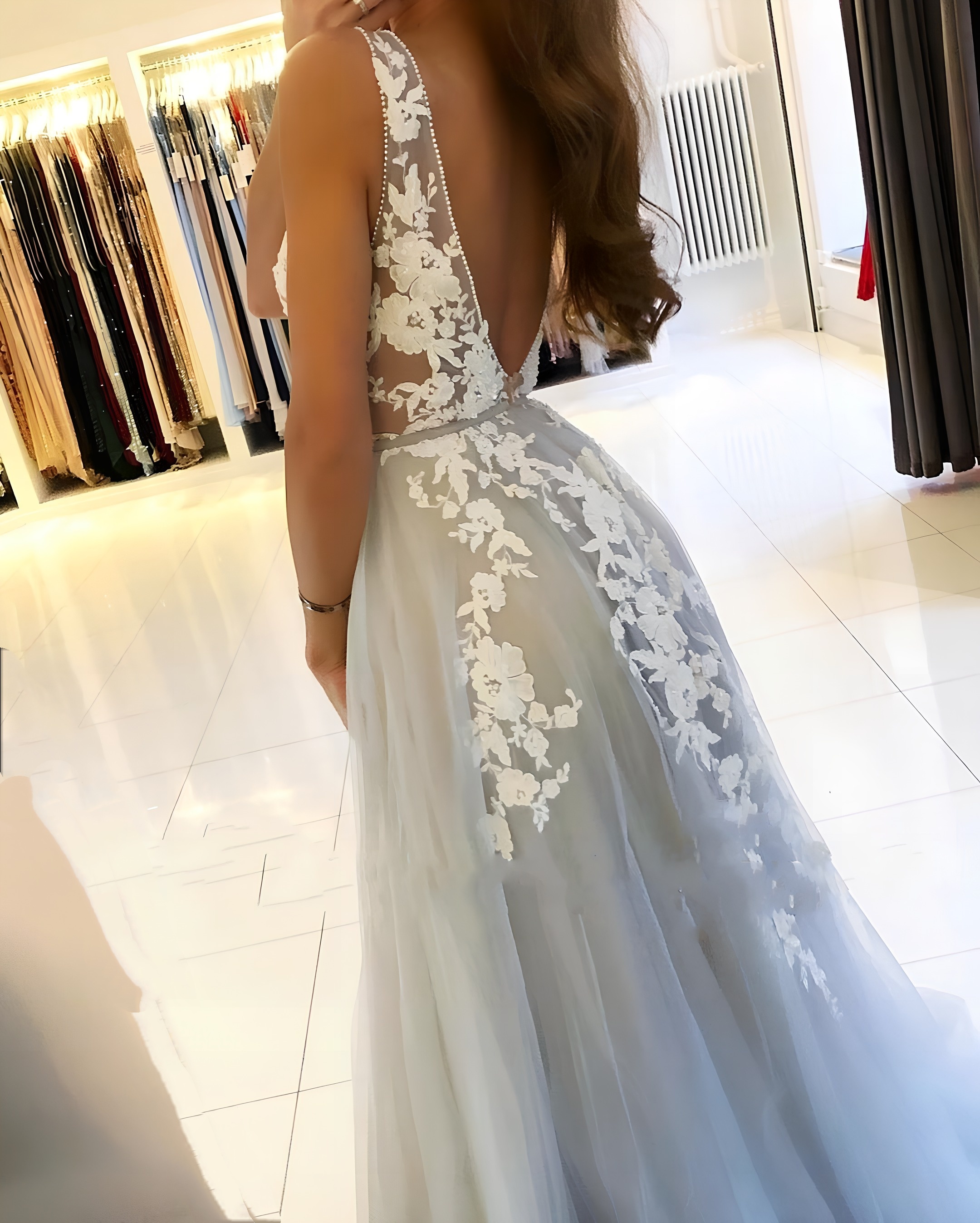 Classy Long V-neck Appliques Lace Tulle A-line Floor-length Prom Dress