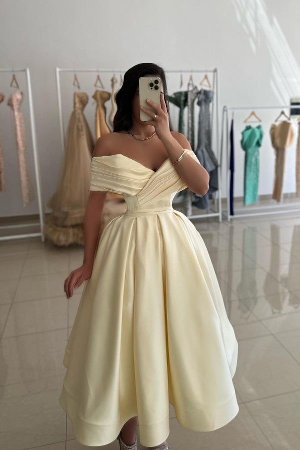 Simple A-line Off the Shoulder Satin Short Cocktail Party Dresses