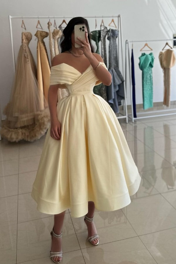 Simple A-line Off the Shoulder Satin Short Cocktail Party Dresses