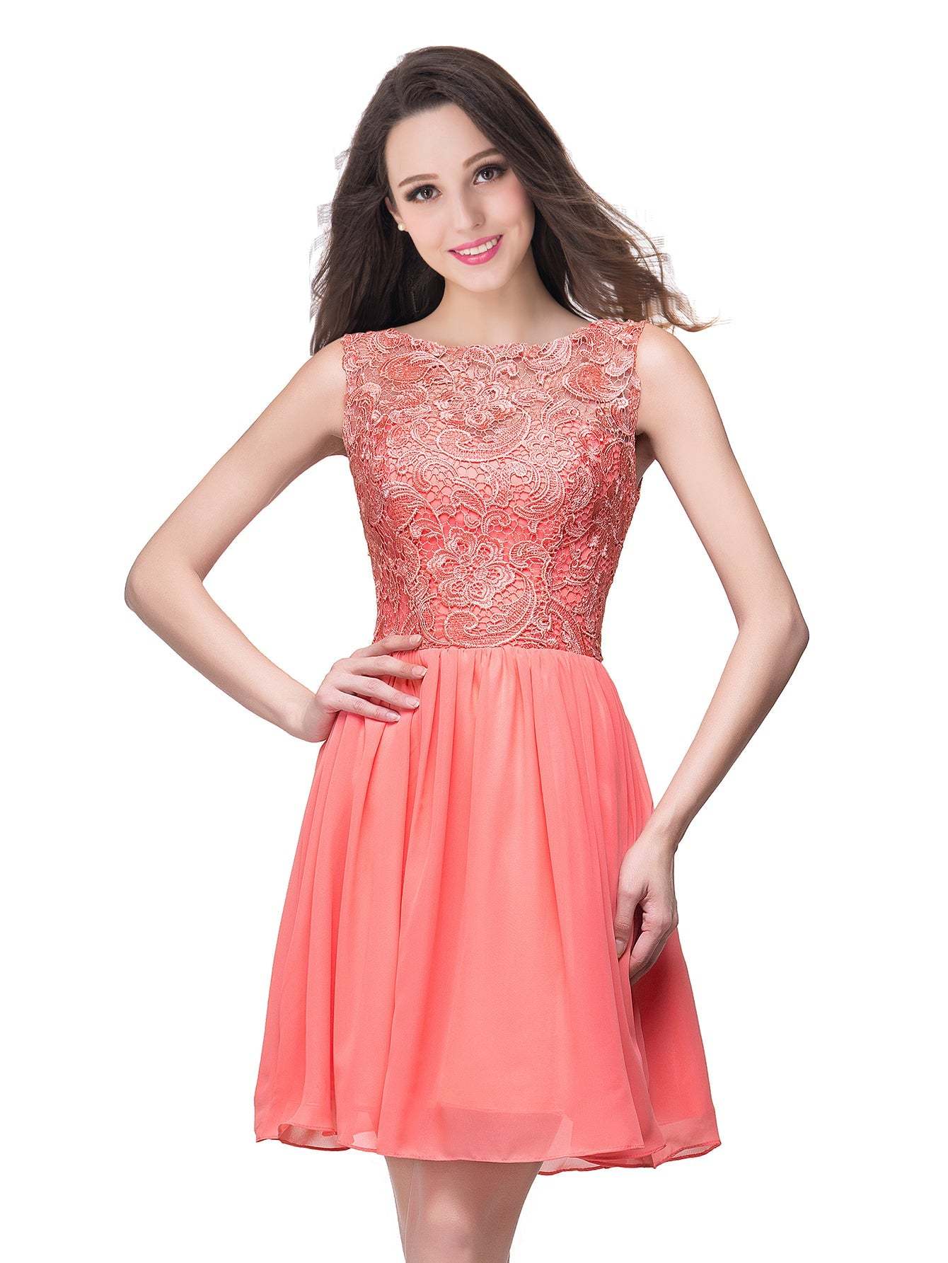 Short A line Lace Sleeveless Chiffon Homecoming Dress - YESBABYONLINE