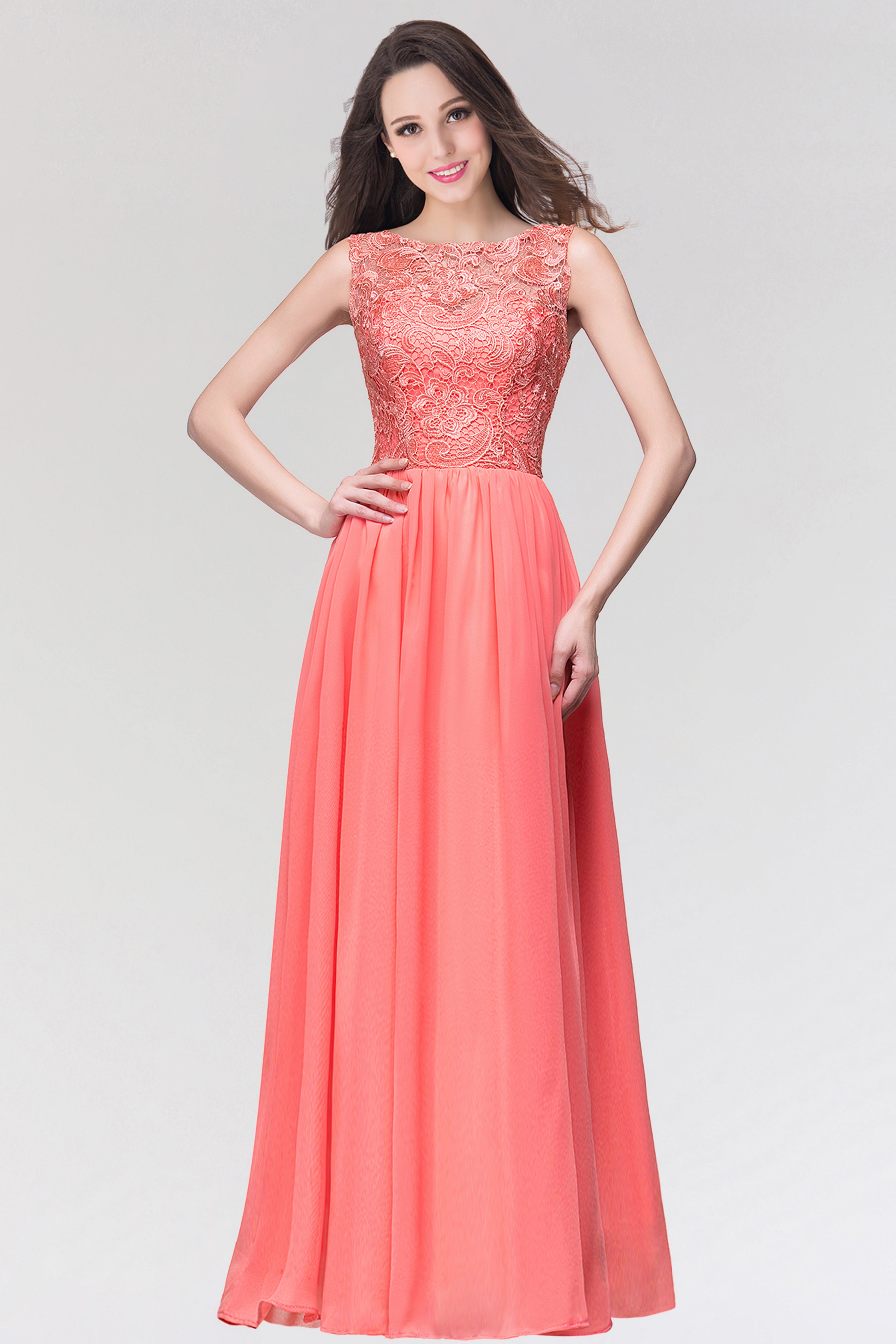 Long Chiffon Lace Sleeveless A Line Ruched Bridesmaid Dress - YESBABYONLINE