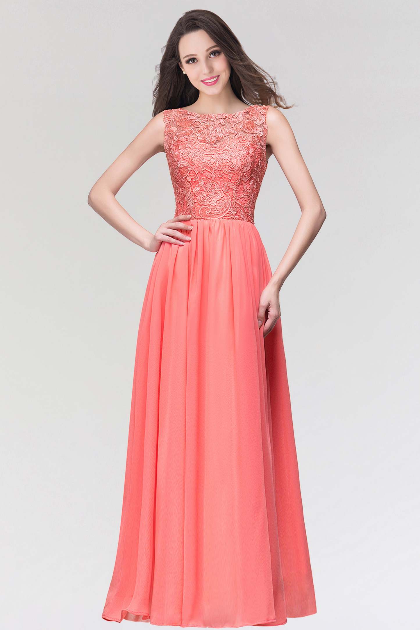 Long Chiffon Lace Sleeveless A Line Ruched Bridesmaid Dress - YESBABYONLINE