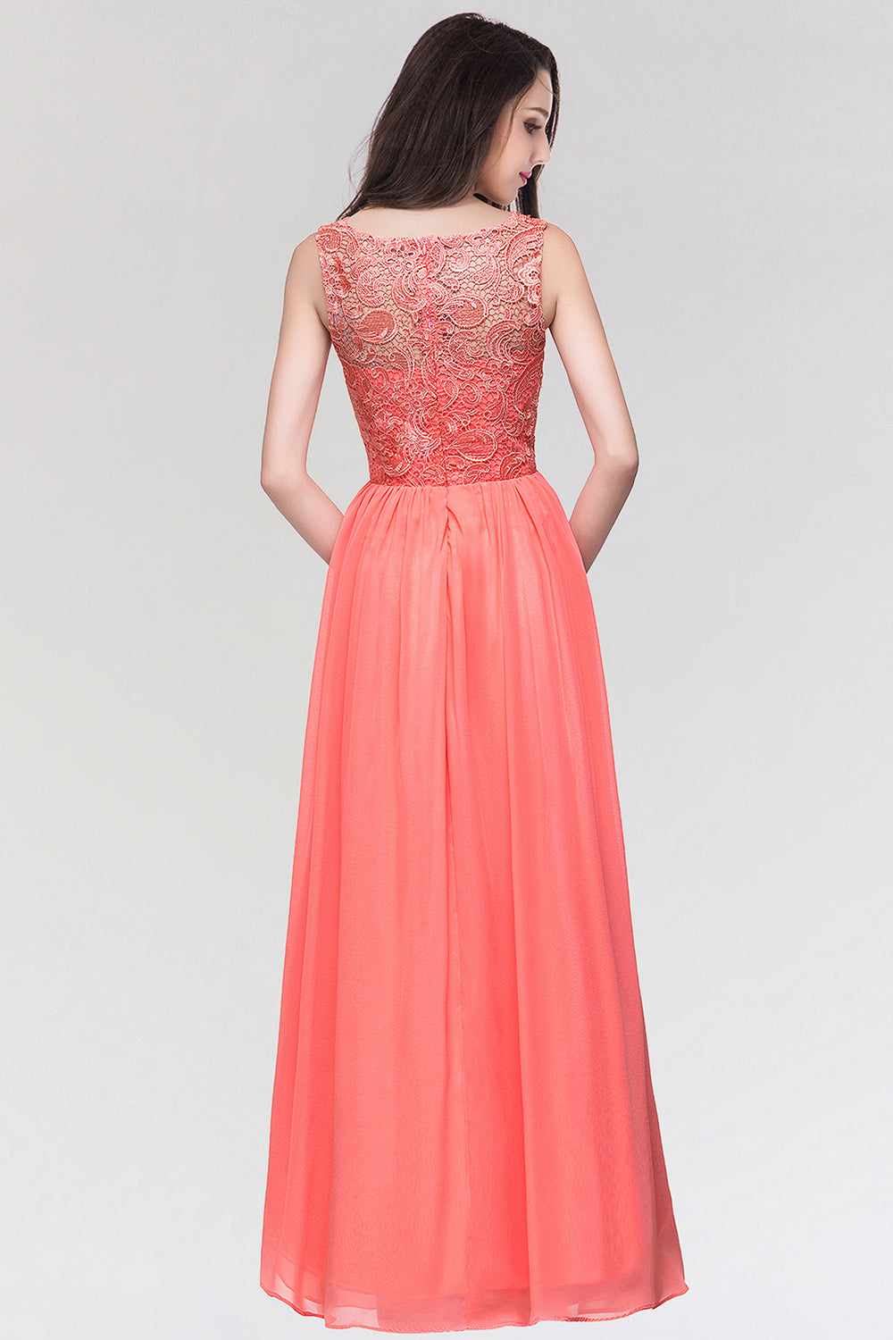 Long Chiffon Lace Sleeveless A Line Ruched Bridesmaid Dress - YESBABYONLINE