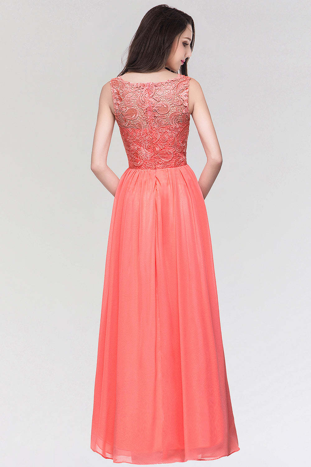 Long Chiffon Lace Sleeveless A Line Ruched Bridesmaid Dress - YESBABYONLINE