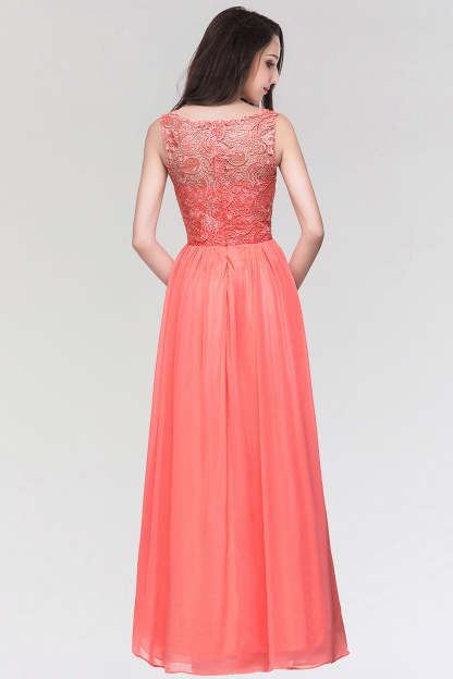 Long Chiffon Lace Sleeveless A Line Ruched Bridesmaid Dress - YESBABYONLINE