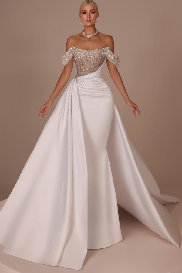 White Chic Mermaid Court Train Off The Shoulder Sequined Long Wedding Dress