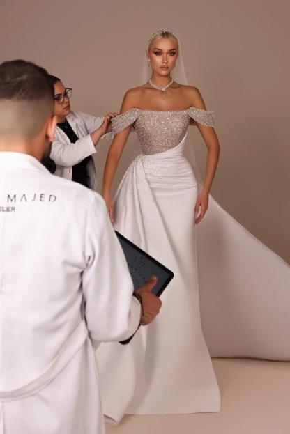 White Chic Mermaid Court Train Off The Shoulder Sequined Long Wedding Dress