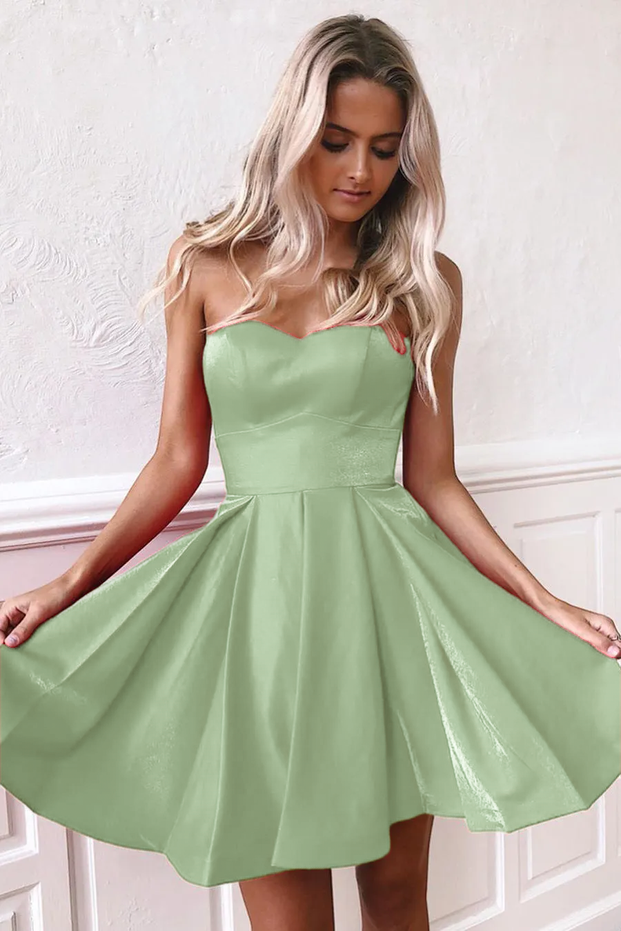 Cute A-line Strapless Red Short Satin Homecoming Dress