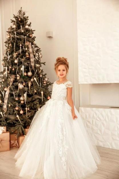 Sweet Long Princess Tulle Lace Full Length Flower Girl Dress
