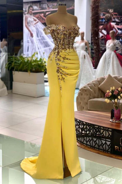 Gorgeous Yellow Mermaid Off-the-shoulder Satin Long Beading Prom Dresses With Split - Yesbabyonline