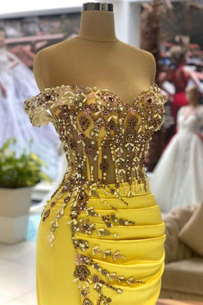 Gorgeous Yellow Mermaid Off-the-shoulder Satin Long Beading Prom Dresses With Split - Yesbabyonline