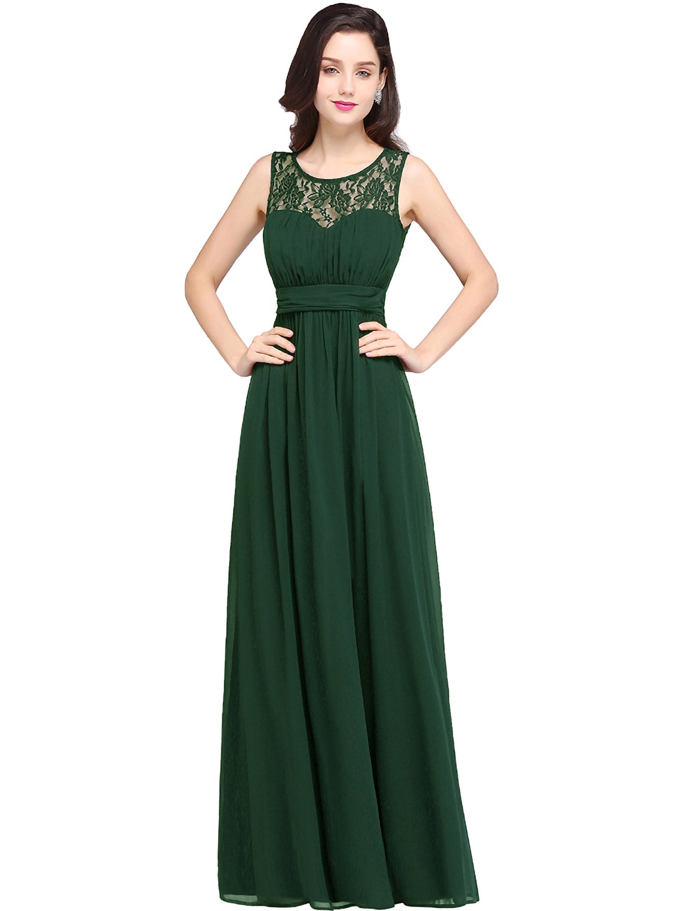 Long A Line Round Neck Chiffon Floor Length Formal Dresses - YESBABYONLINE