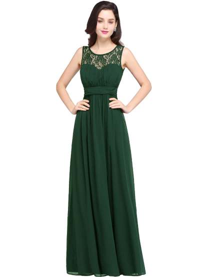 Long A Line Round Neck Chiffon Floor Length Formal Dresses - YESBABYONLINE