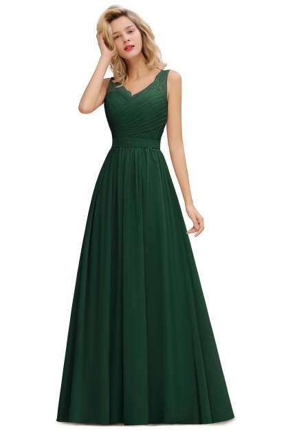 Long A line V-neck Ruffle Sleeveless Chiffon Bridesmaid Dress - YESBABYONLINE