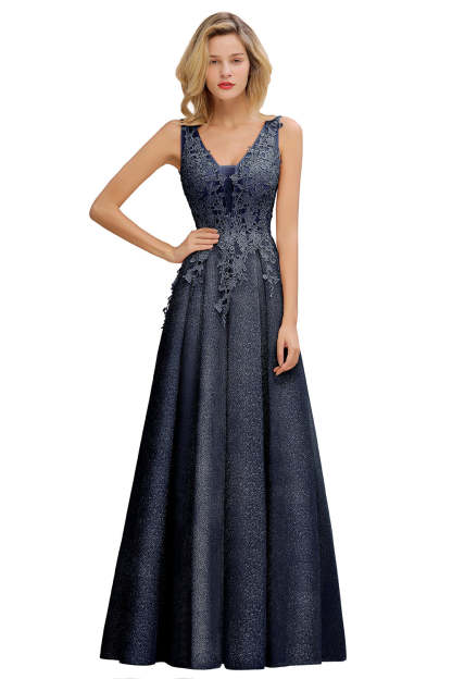 Long A Line V-Neck Sleeveless Tulle Lace Formal Dress with Appliques - YESBABYONLINE