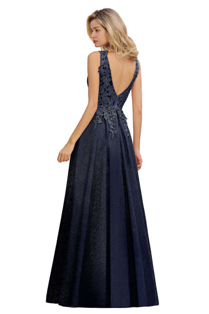 Long A Line V-Neck Sleeveless Tulle Lace Formal Dress with Appliques - YESBABYONLINE