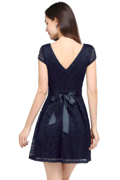 Short Cap Sleeves Formal Dress Round Neck Lace A line Bridesmaid Dress - YESBABYONLINE
