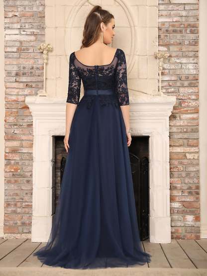 A line Round Neck Half Sleeves Tulle Lace Appliques Long Bridesmaid Dresses - YESBABYONLINE