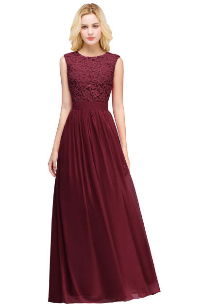 Long A line Crew Neck Floor Length Floral Lace Chiffon Wedding Guest Dress - YESBABYONLINE
