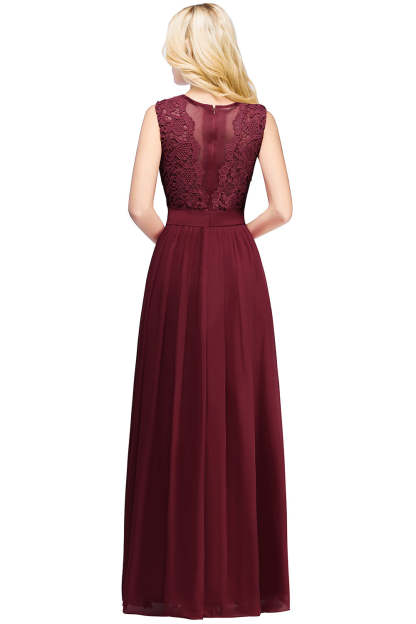 Long A line Crew Neck Floor Length Floral Lace Chiffon Wedding Guest Dress - YESBABYONLINE