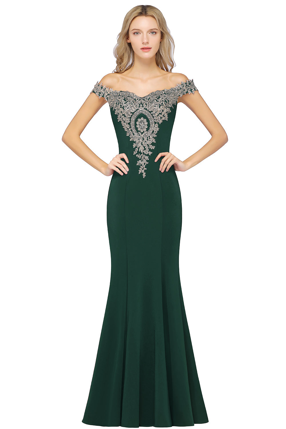 Long Off-the-Shoulder Floor Length Mermaid Evening Dress with Gold Appliques - YESBABYONLINE