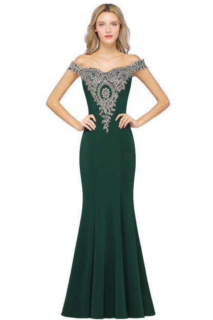 Long Off-the-Shoulder Floor Length Mermaid Evening Dress with Gold Appliques - YESBABYONLINE