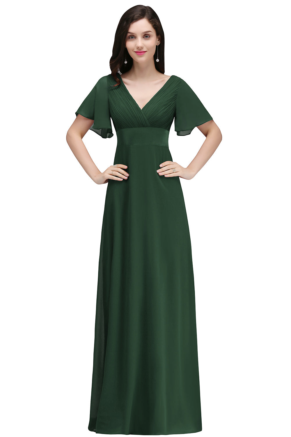 A Line Poet Sleeves Ruffle Chiffon V-Neck Long Bridesmaid Dress - YESBABYONLINE