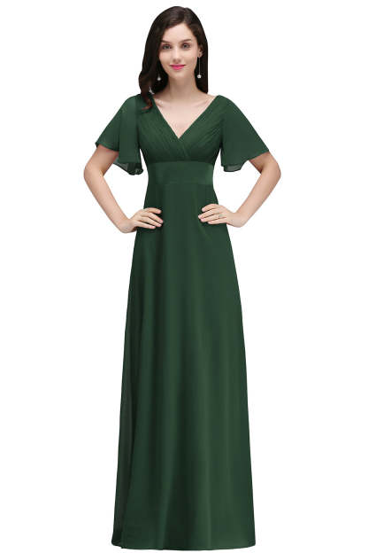 A Line Poet Sleeves Ruffle Chiffon V-Neck Long Bridesmaid Dress - YESBABYONLINE