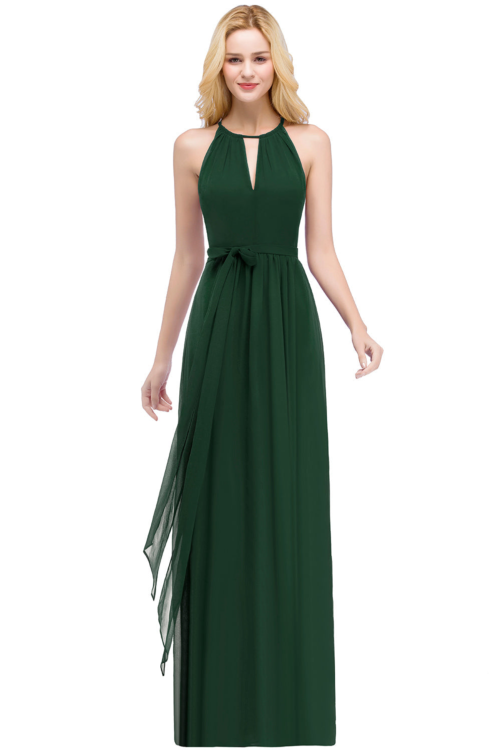 Long A line Halter Chiffon Ruffle Floor Length Bridesmaid Dress - YESBABYONLINE