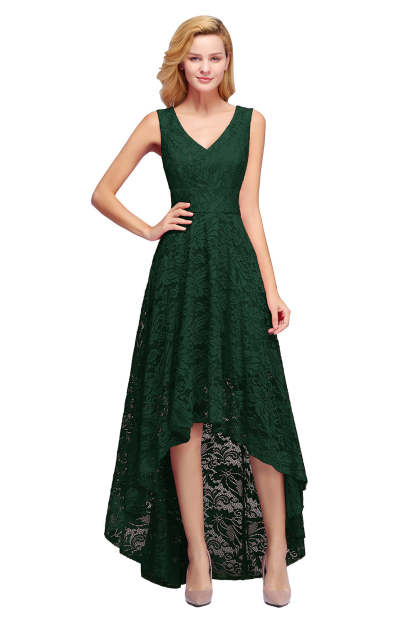 High Low A line V neck Sleeveless Lace Formal Dress - YESBABYONLINE