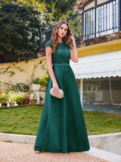 Long A line Evening Dress Scoop Neck Tulle Bridesmaid Dresses - YESBABYONLINE