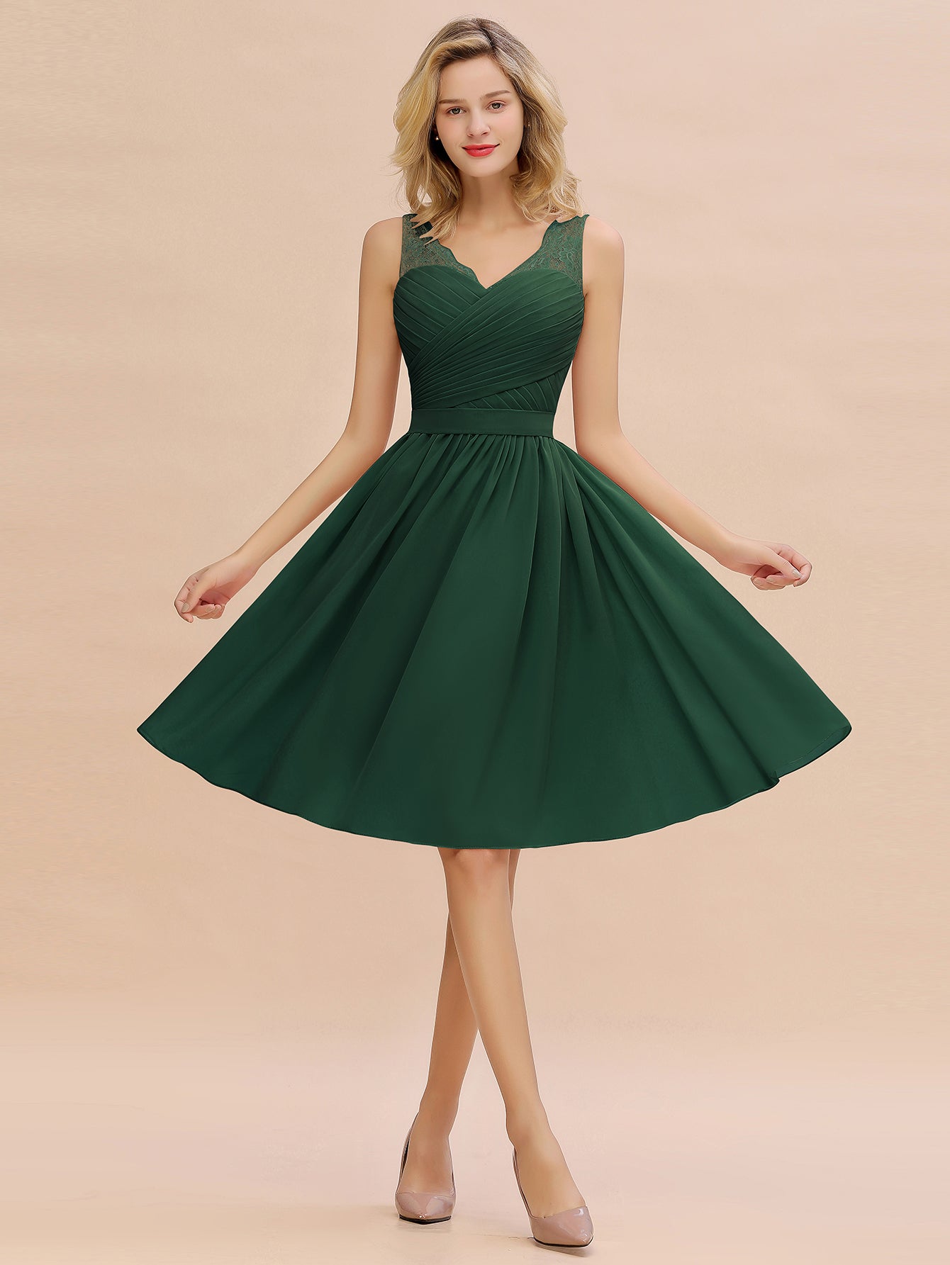 Simple Short A Line V-neck Chiffon Knee Length Bridesmaid Dress - YESBABYONLINE