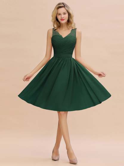 Simple Short A Line V-neck Chiffon Knee Length Bridesmaid Dress - YESBABYONLINE