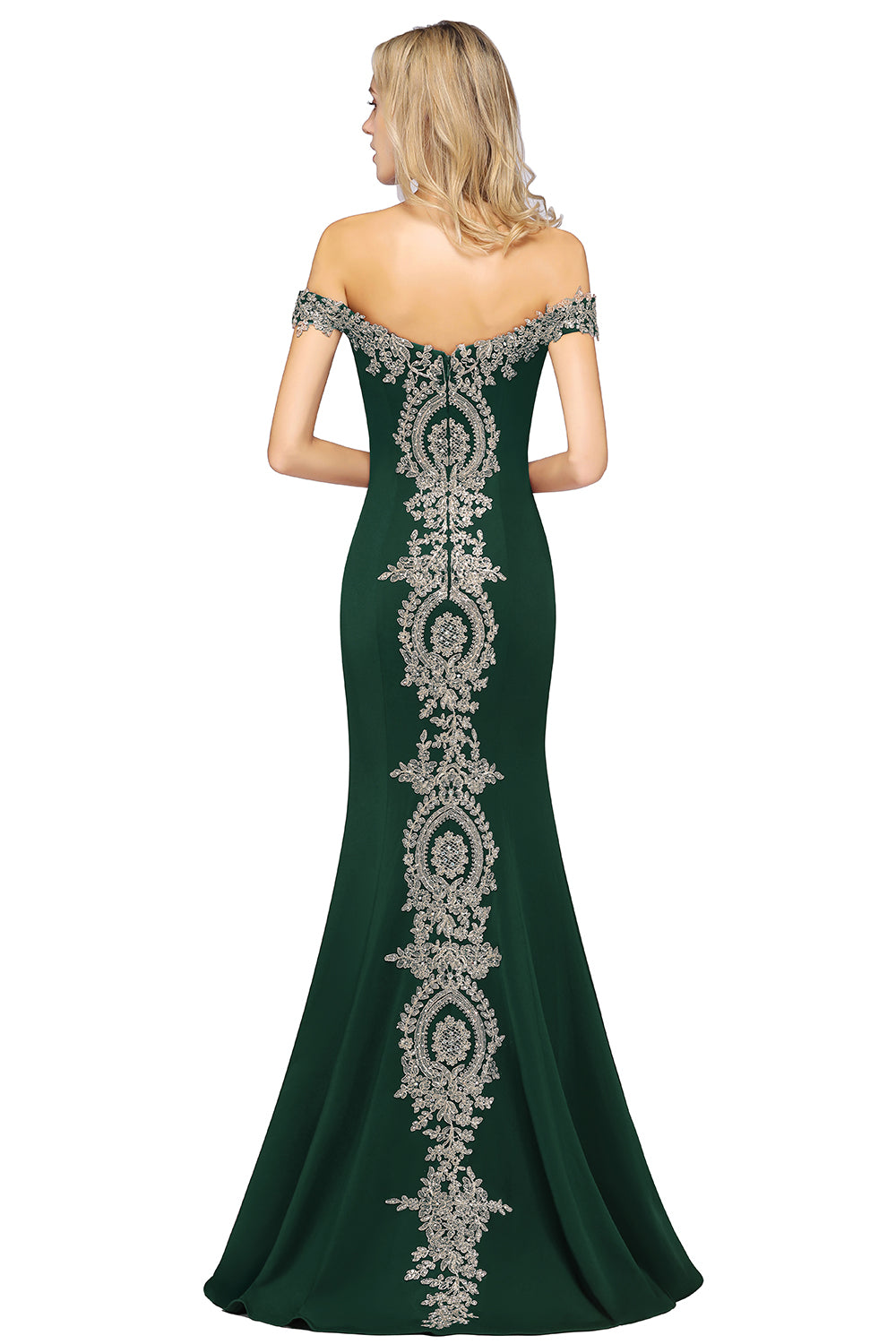 Long Off-the-Shoulder Floor Length Mermaid Evening Dress with Gold Appliques - YESBABYONLINE