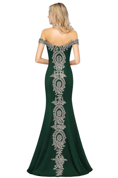Long Off-the-Shoulder Floor Length Mermaid Evening Dress with Gold Appliques - YESBABYONLINE