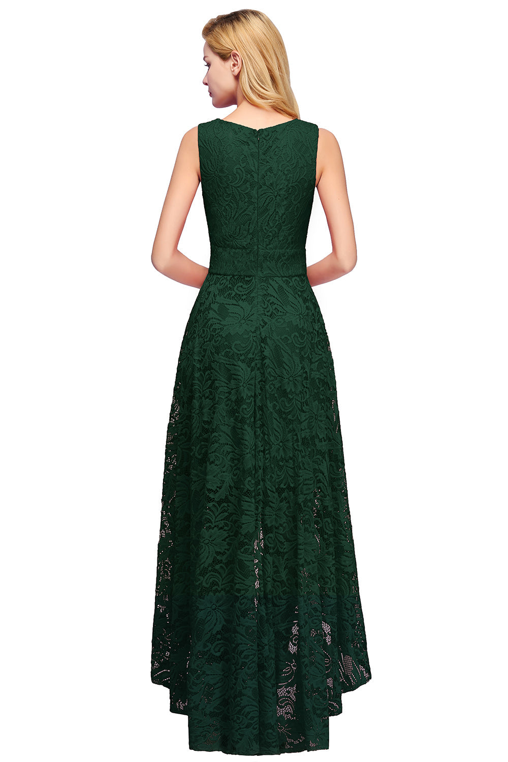 High Low A line V neck Sleeveless Lace Formal Dress - YESBABYONLINE